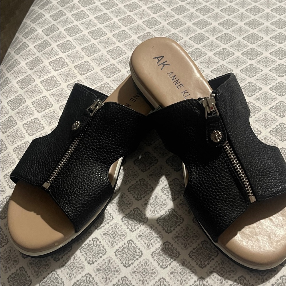 Anne Klein Black Textured Mules with Zipper
